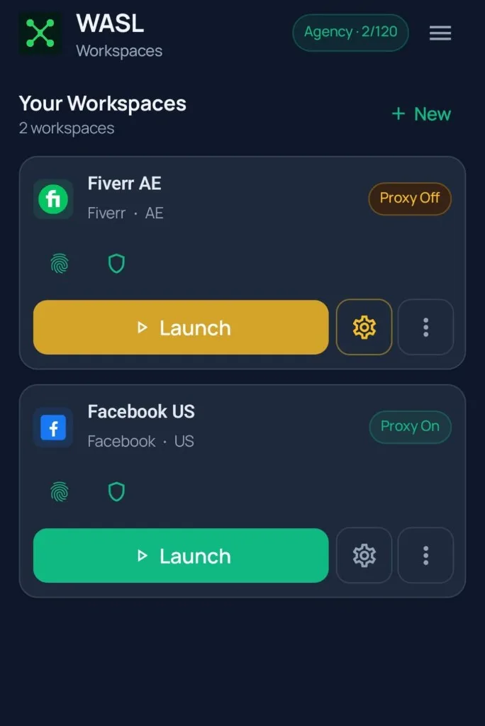 WASL Browser Android app showing Your Workspaces dashboard with Fiverr AE and Facebook US workspace cards