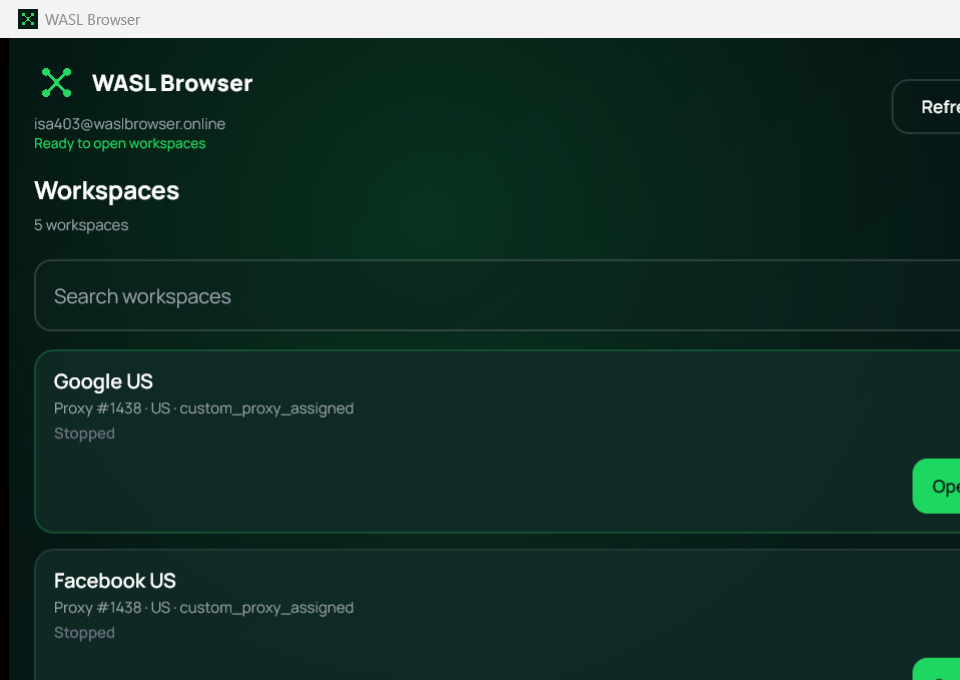 WASL Browser for Windows 0.4.60 showing the Workspaces home screen with Google US and Facebook US workspace cards