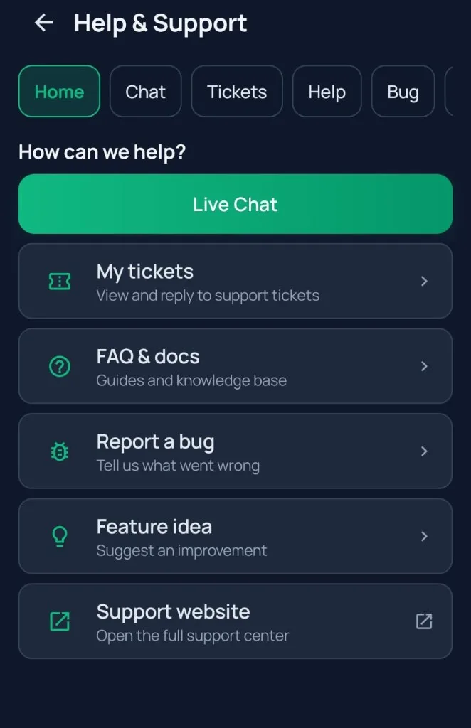 WASL Browser Help & Support screen with Live Chat, tickets, FAQ & docs, bug report, and feature idea