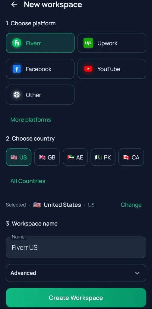 WASL Browser New workspace screen with platform presets, country chips, and Create Workspace button