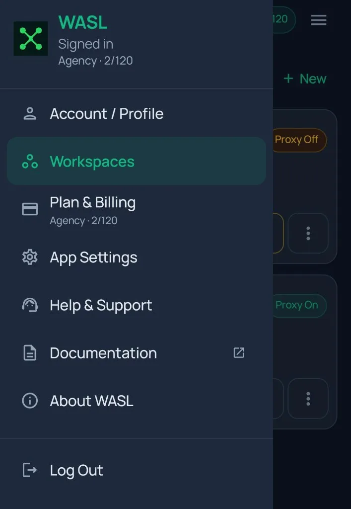 WASL Browser side menu with Workspaces selected, plus Plan & Billing, Settings, Help & Support